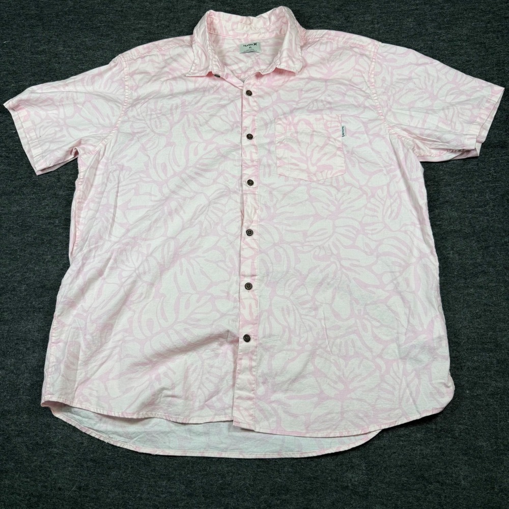 Hurley Men's XL Short Sleeve Button‎ Up Shirt Pink Tropical Leaf Print Casual